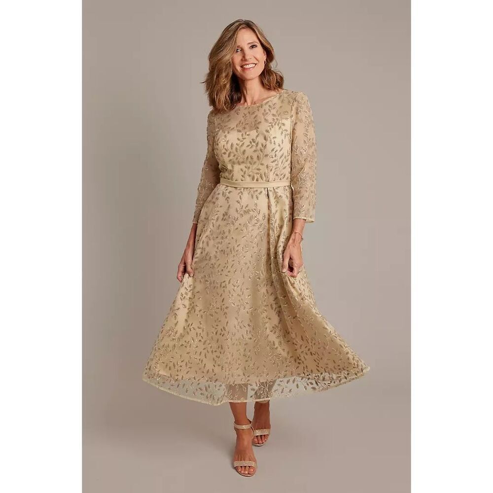 OLEG CASSINI MIDI Dress Botanical Illusion Tea-Length A-Line Party NEW Gold Flor